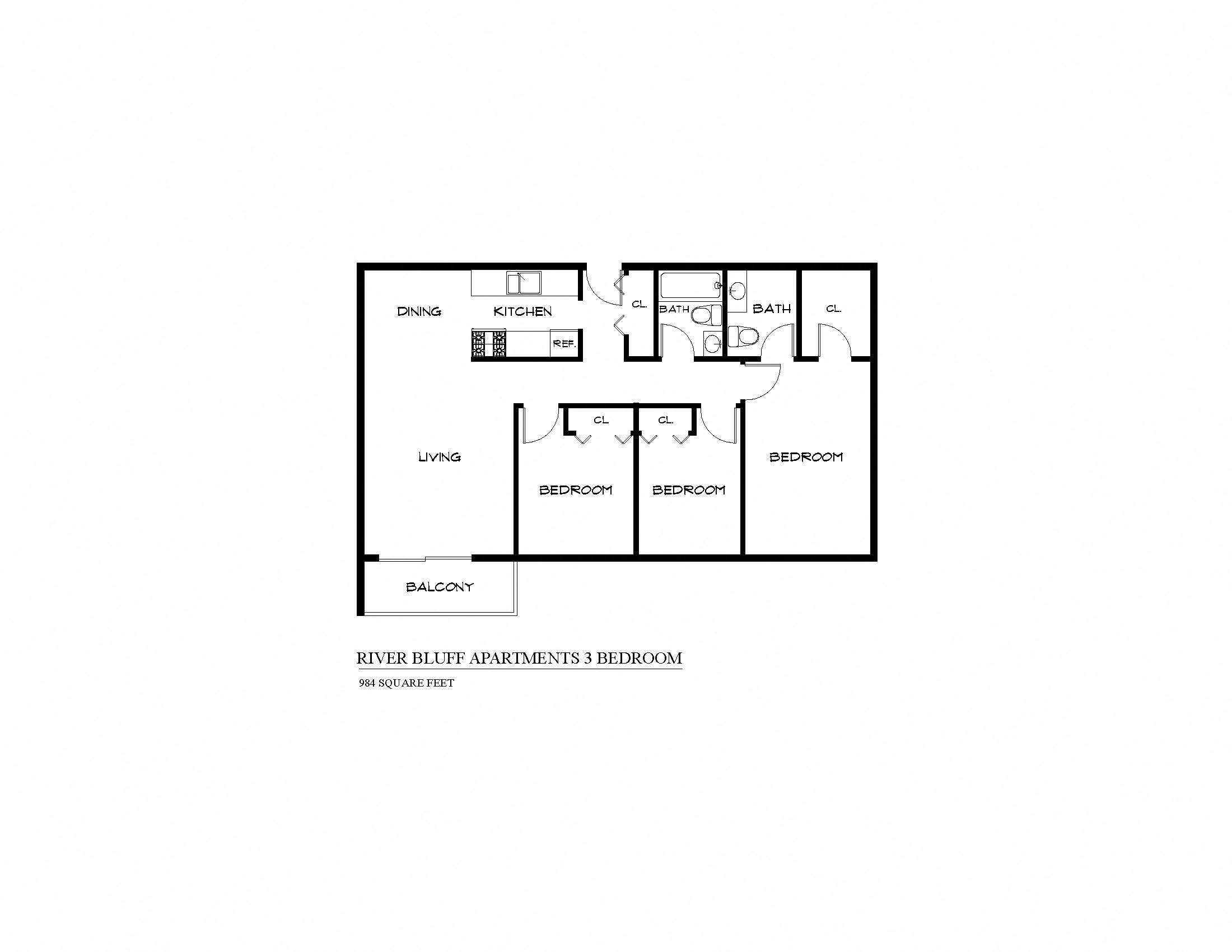 Floor plan for 3 beds, 2 baths, 984 sqft
